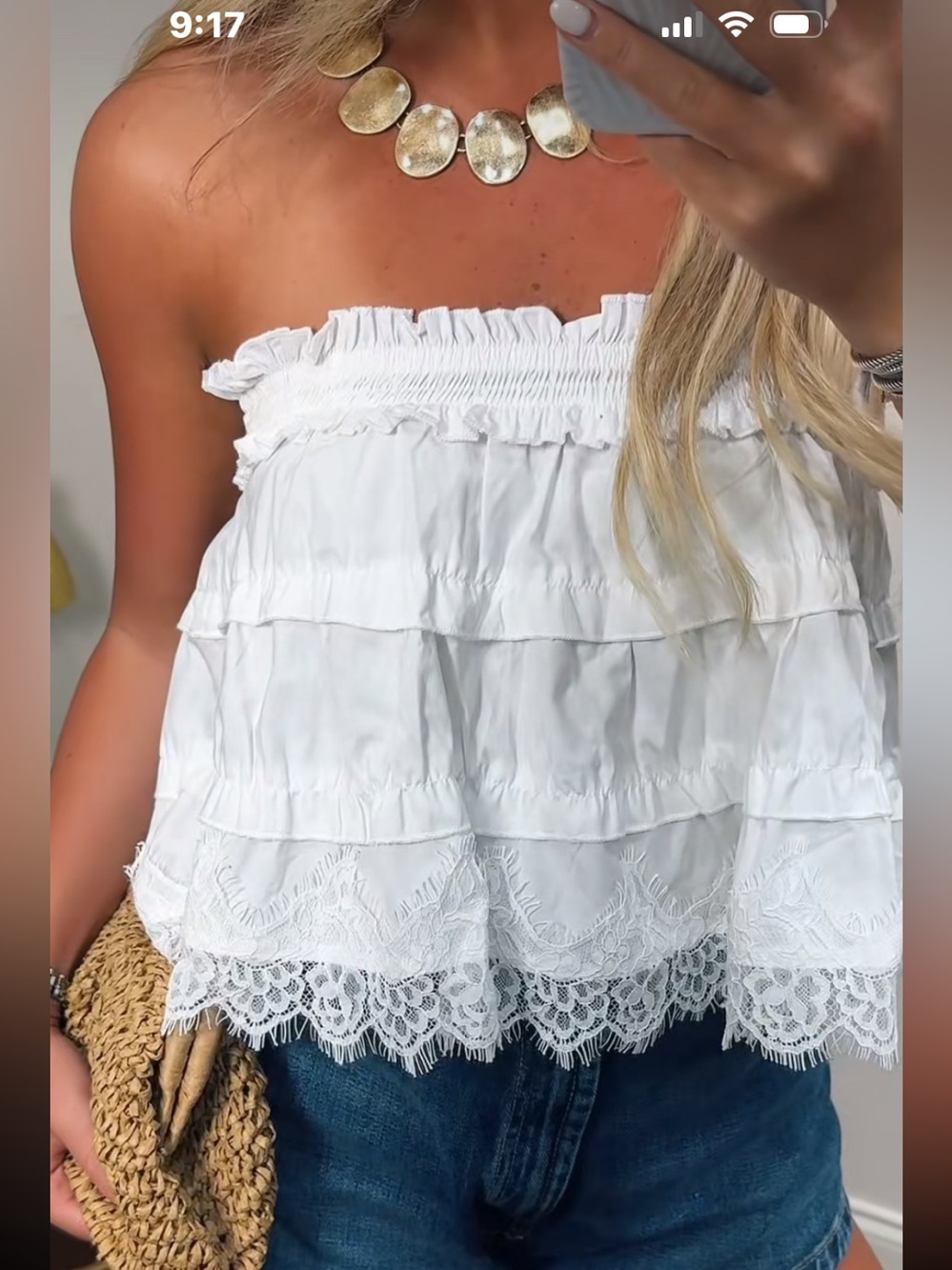Cider White Lace Tiered Strapless Top